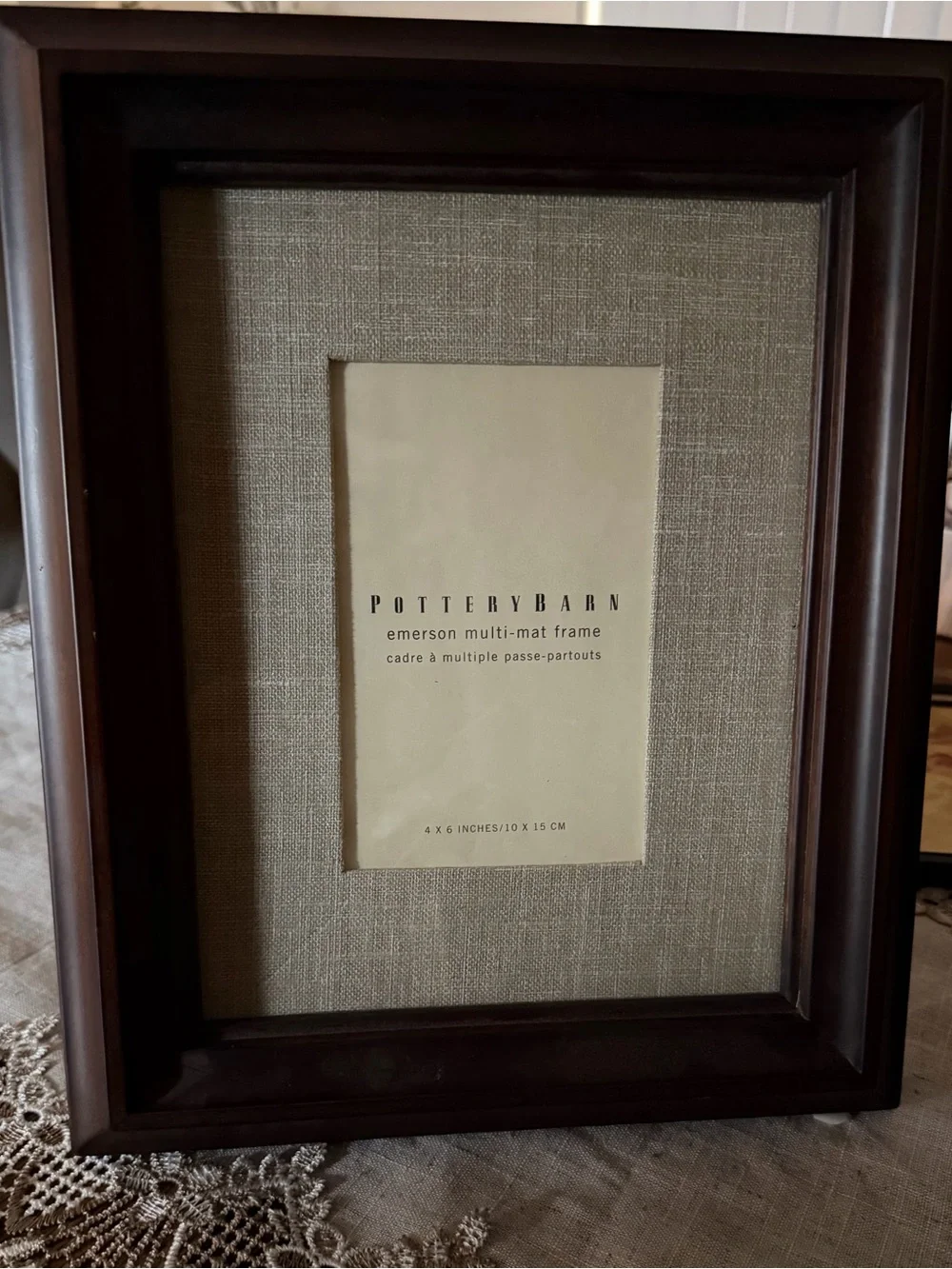Pottery Barn Dark Brown Frame with Grey Cream Linen Mat